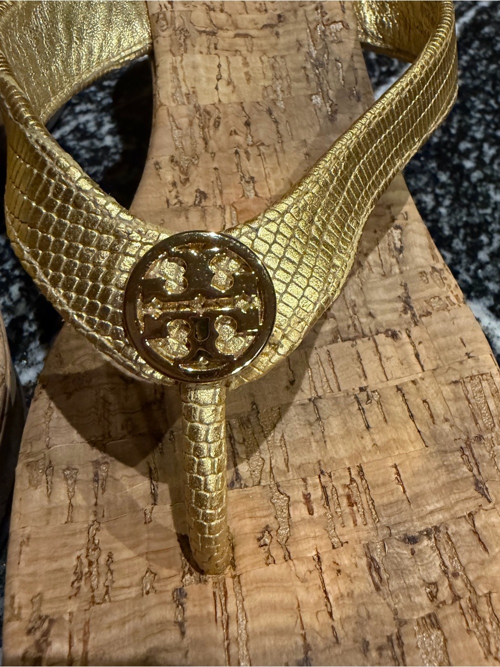 Tory Burch Gold Cork Wedge Thong Sandals - Picture 2 of 9